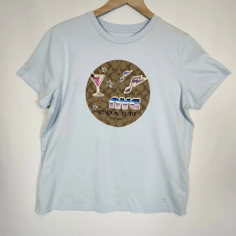 Coach T-Shirt Women's Large Blue NYC Martini Patch Graphic Short Sleeve